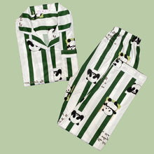 Load image into Gallery viewer, Green and white striped pajamas set with panda and stars
