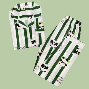 Green and white striped pajamas set with panda and stars