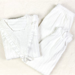 V-Lace Flannel PJ Set (White)